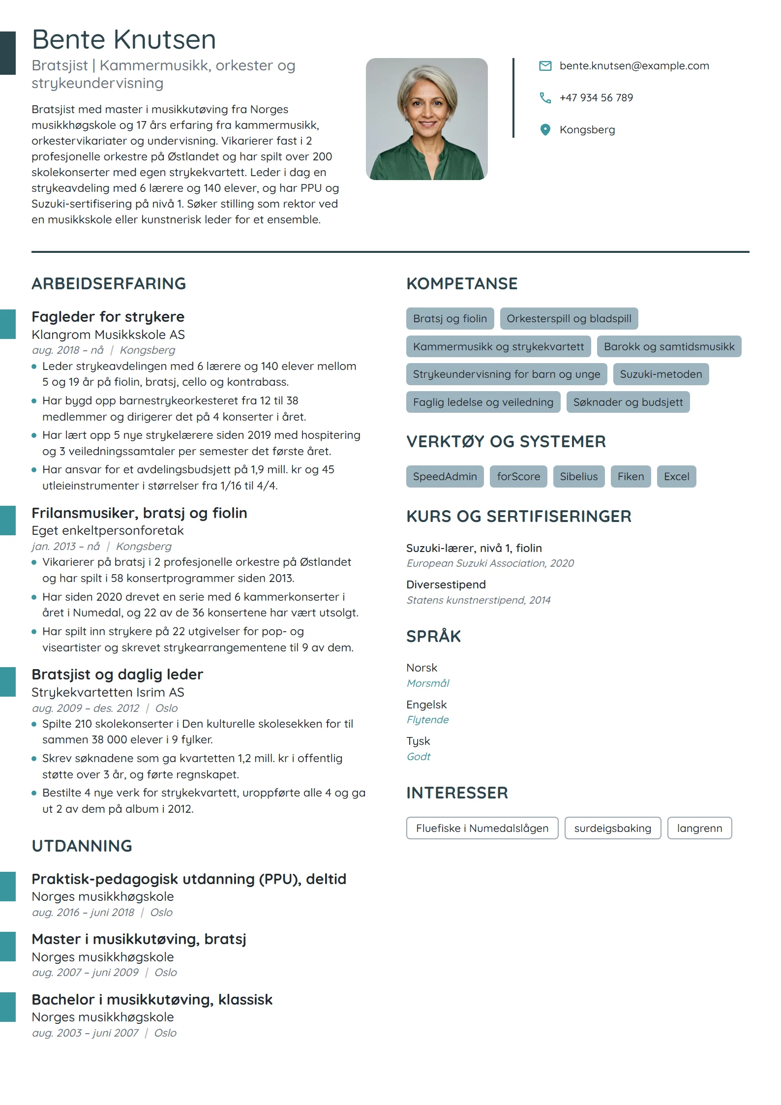 CV-eksempel for bratsjist og fagleder for strykere