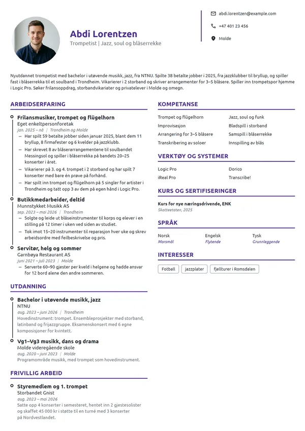 CV-eksempel for nyutdannet musiker, jazztrompet