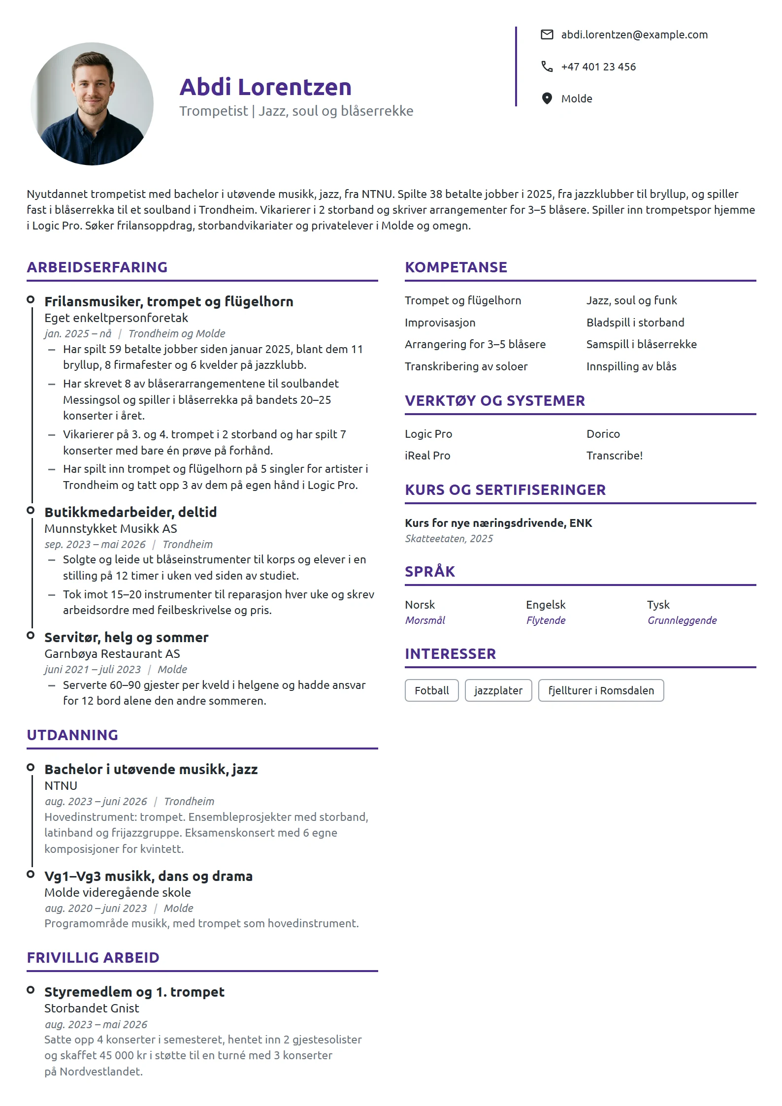 CV-eksempel for nyutdannet musiker, jazztrompet