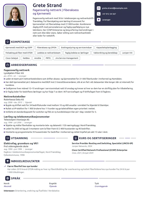 CV-eksempel for fagansvarlig nettverk i fiberselskap