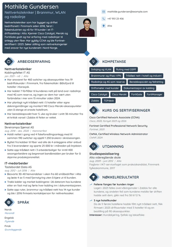CV-eksempel for nettverkstekniker i IT-driftsselskap
