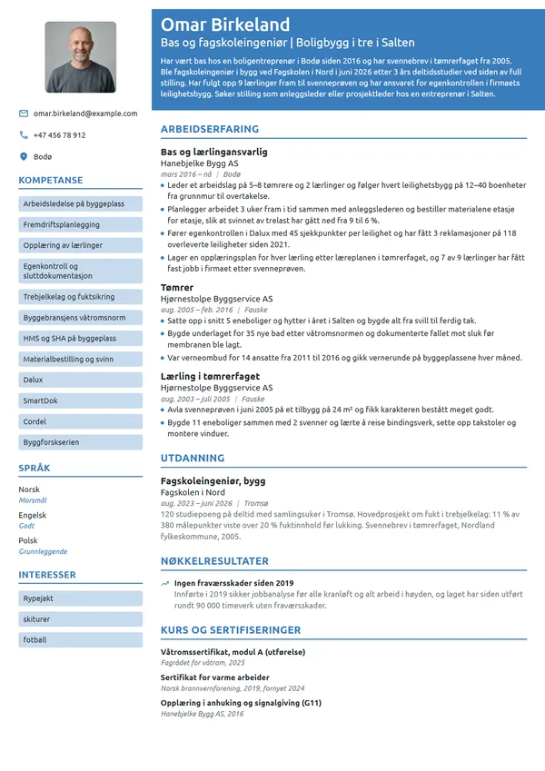 CV-eksempel for bas og nyutdannet fagskoleingeniør i bygg