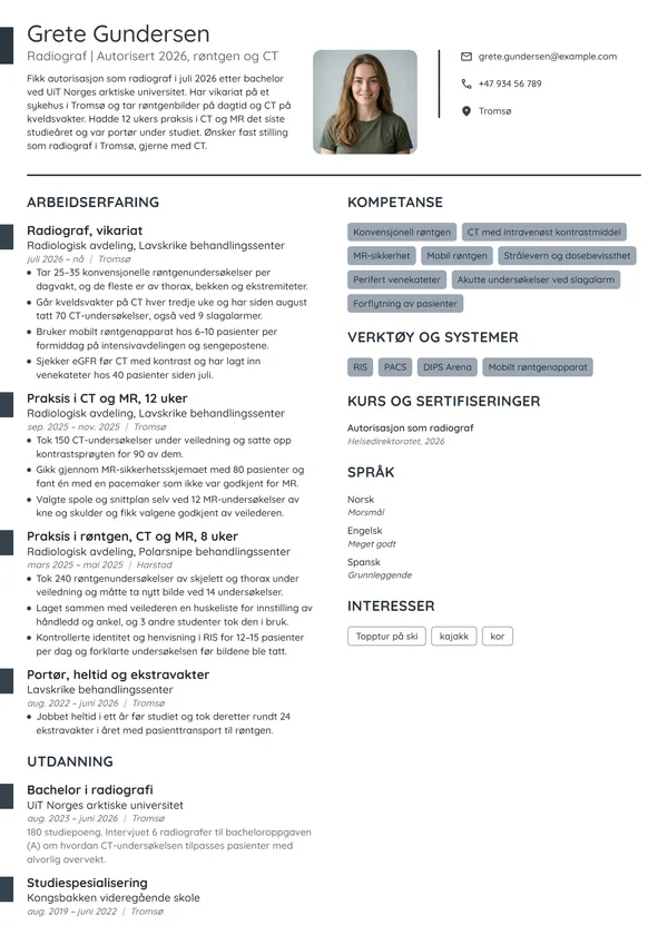 CV-eksempel for nyutdannet radiograf med praksis i CT