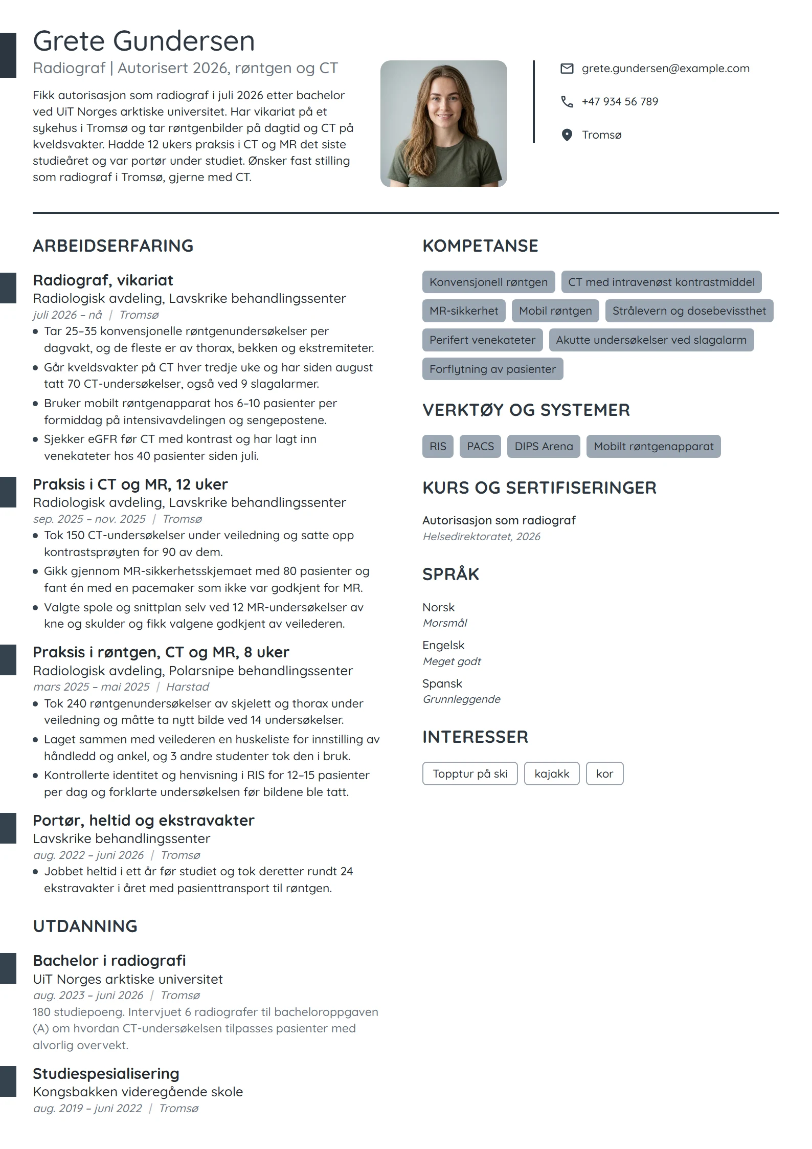CV-eksempel for nyutdannet radiograf med praksis i CT