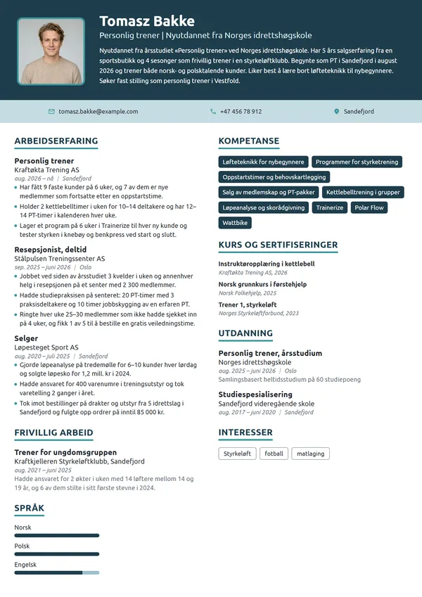 CV-eksempel for nyutdannet personlig trener