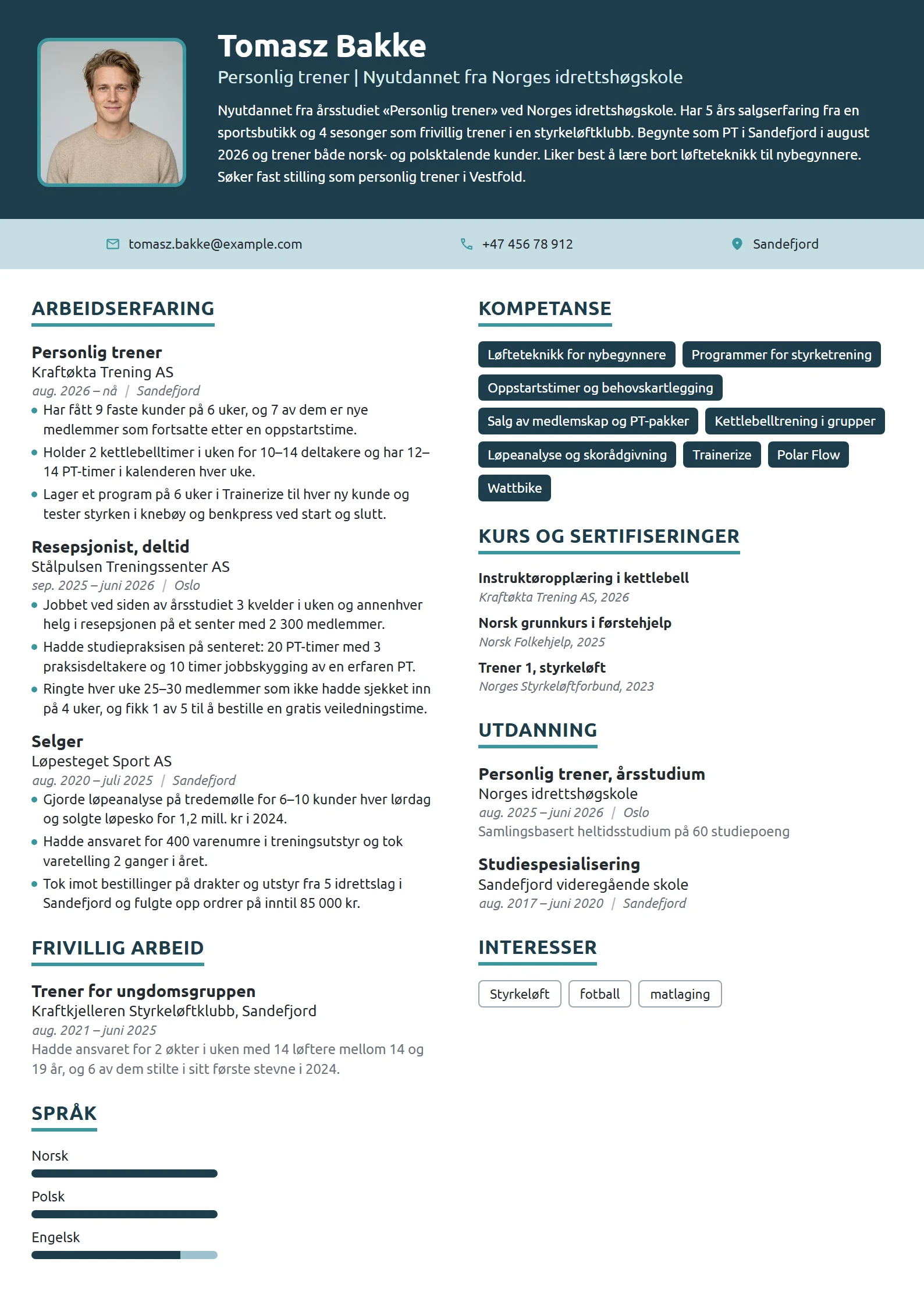 CV-eksempel for nyutdannet personlig trener