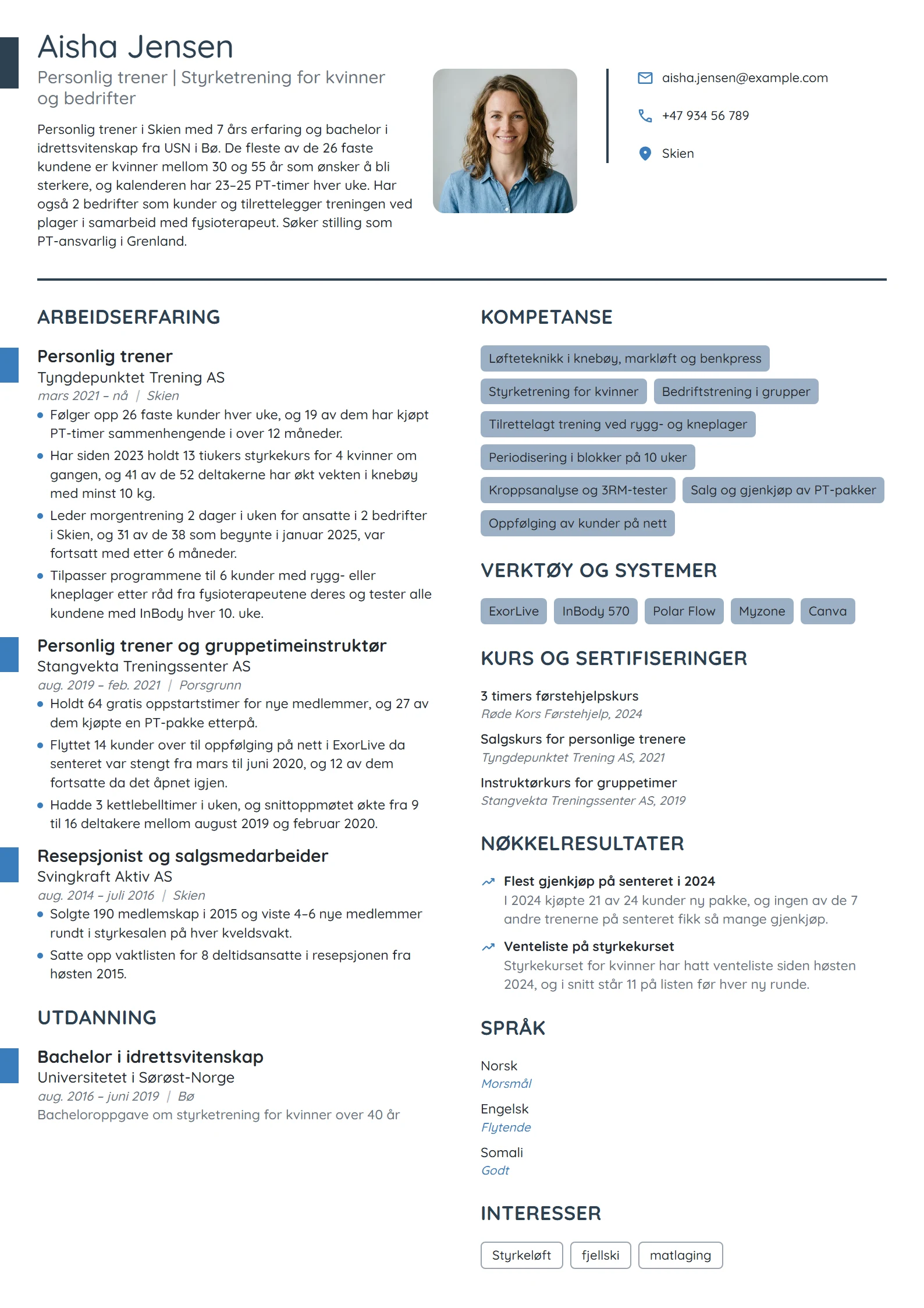 CV-eksempel for personlig trener på treningssenter