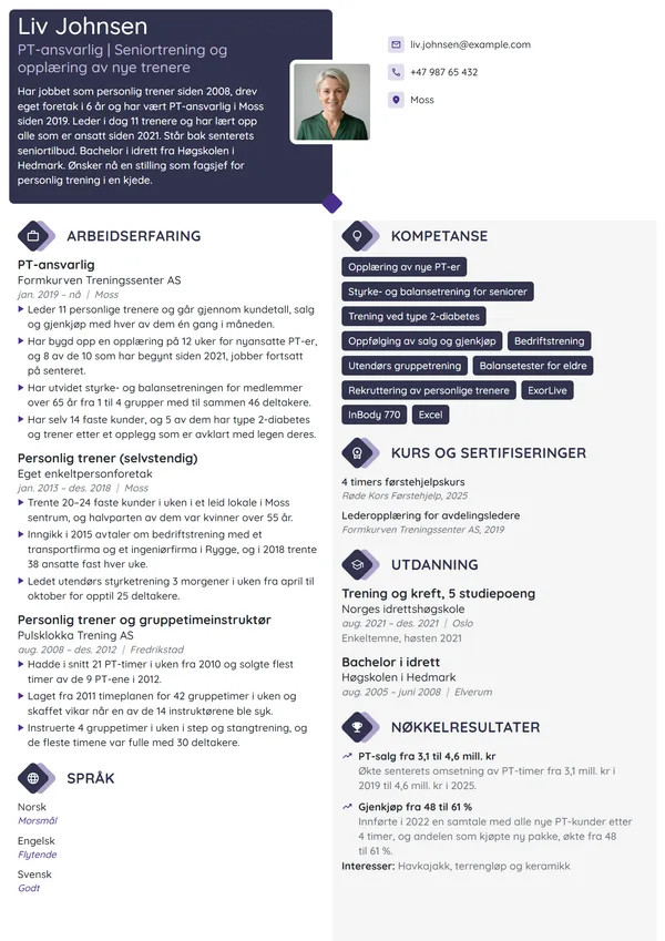 CV-eksempel for PT-ansvarlig med trening for seniorer