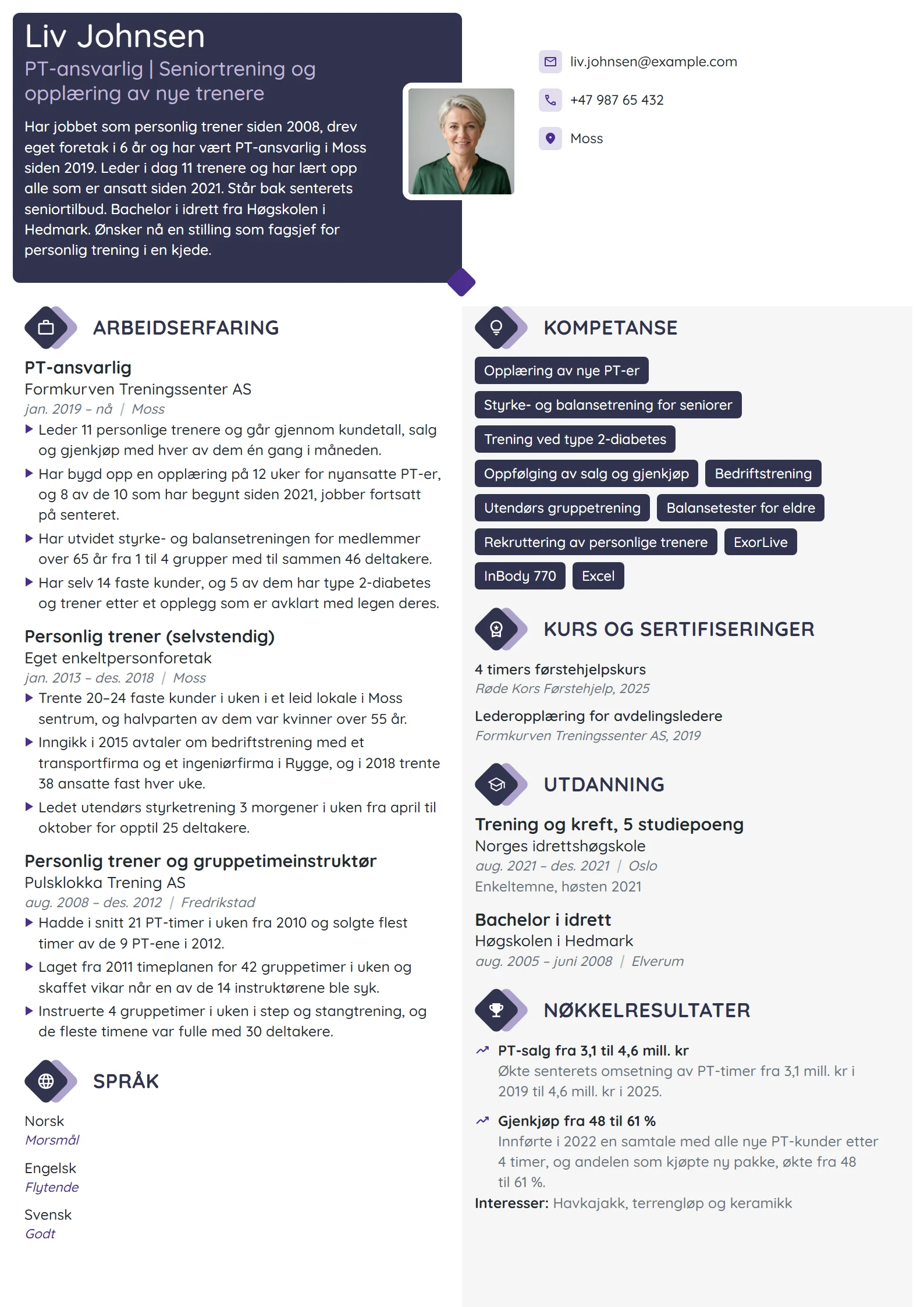 CV-eksempel for PT-ansvarlig med trening for seniorer