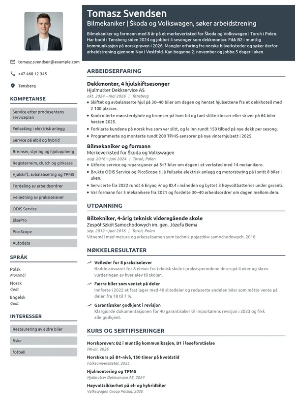 CV-eksempel for bilmekaniker fra Polen, arbeidstrening
