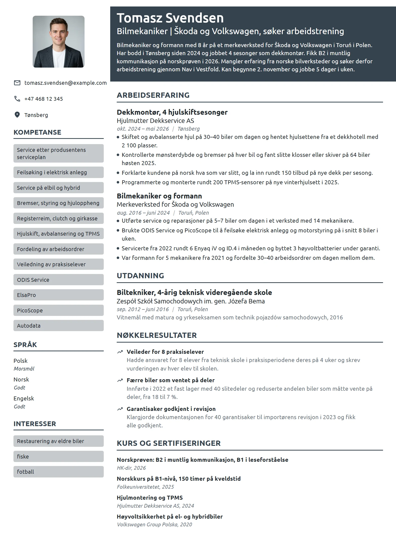 CV-eksempel for bilmekaniker fra Polen, arbeidstrening