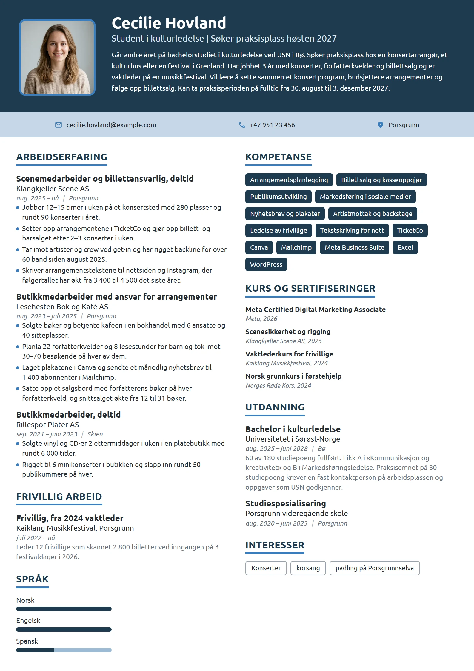 CV-eksempel for student i kulturledelse, praksisplass