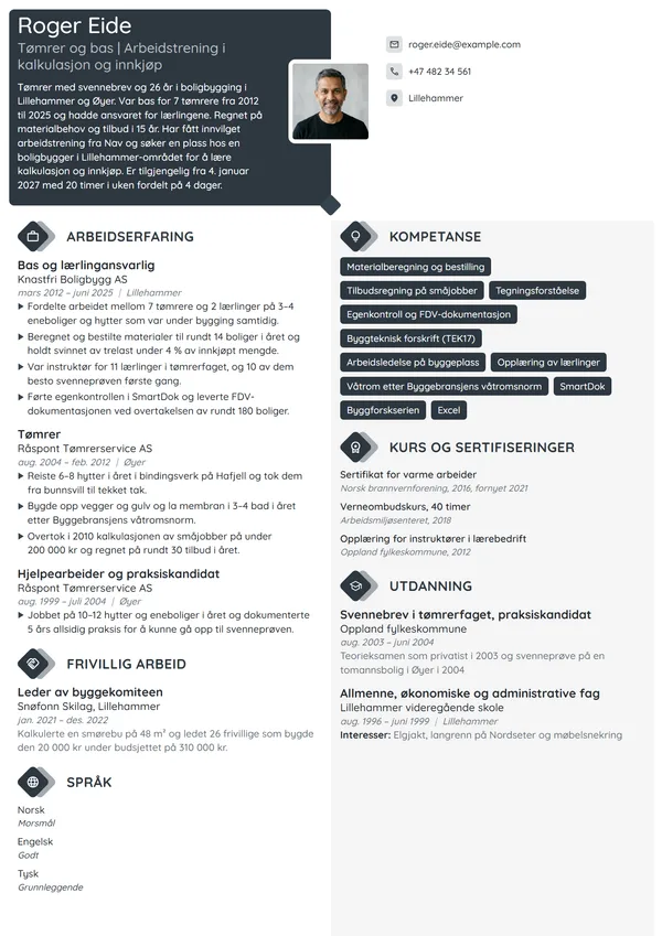 CV-eksempel for tømrerbas som søker arbeidstrening