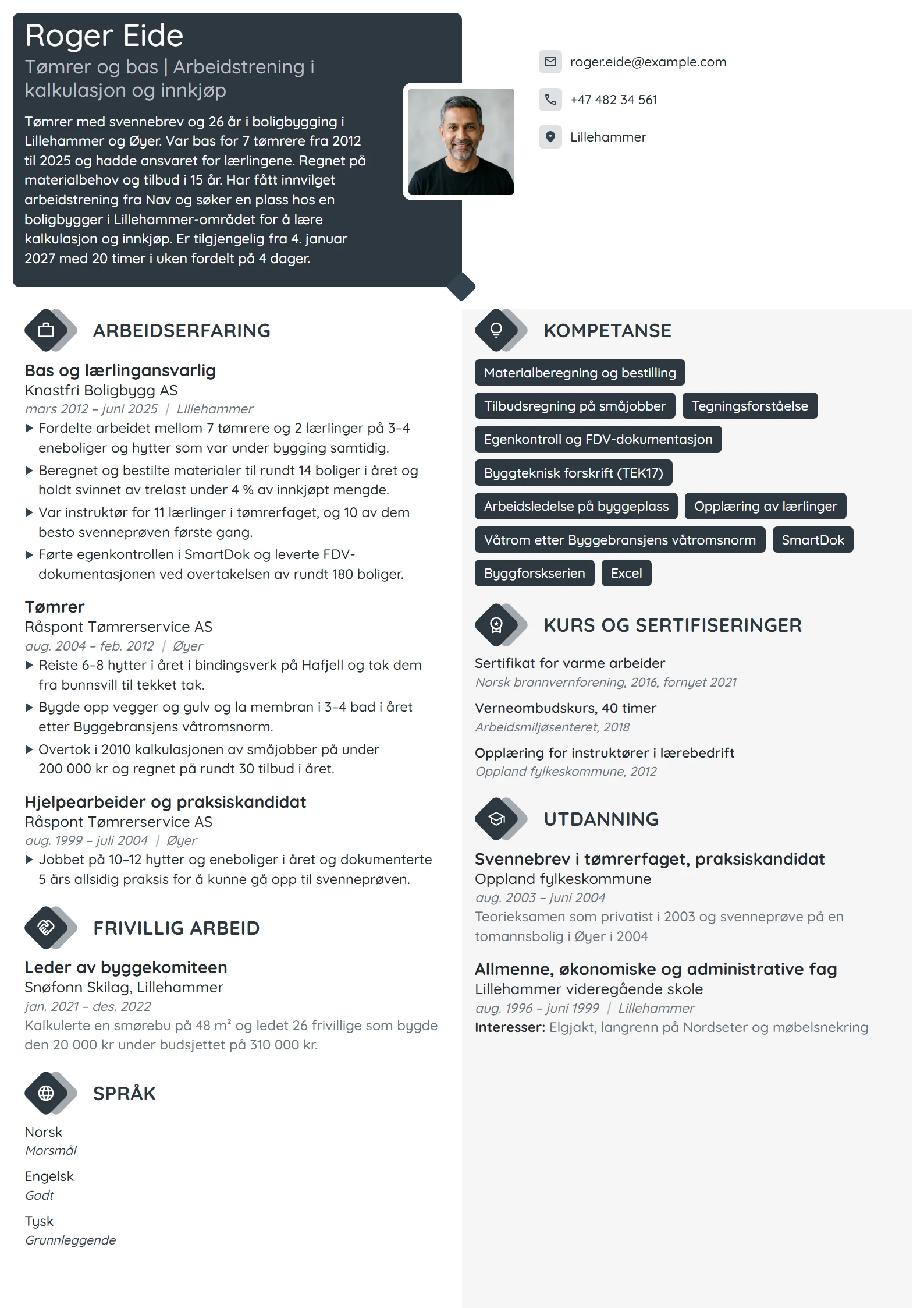 CV-eksempel for tømrerbas som søker arbeidstrening
