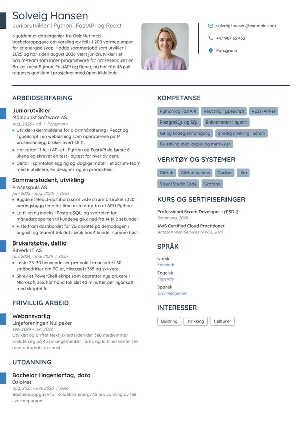 CV-eksempel for nyutdannet programvareutvikler
