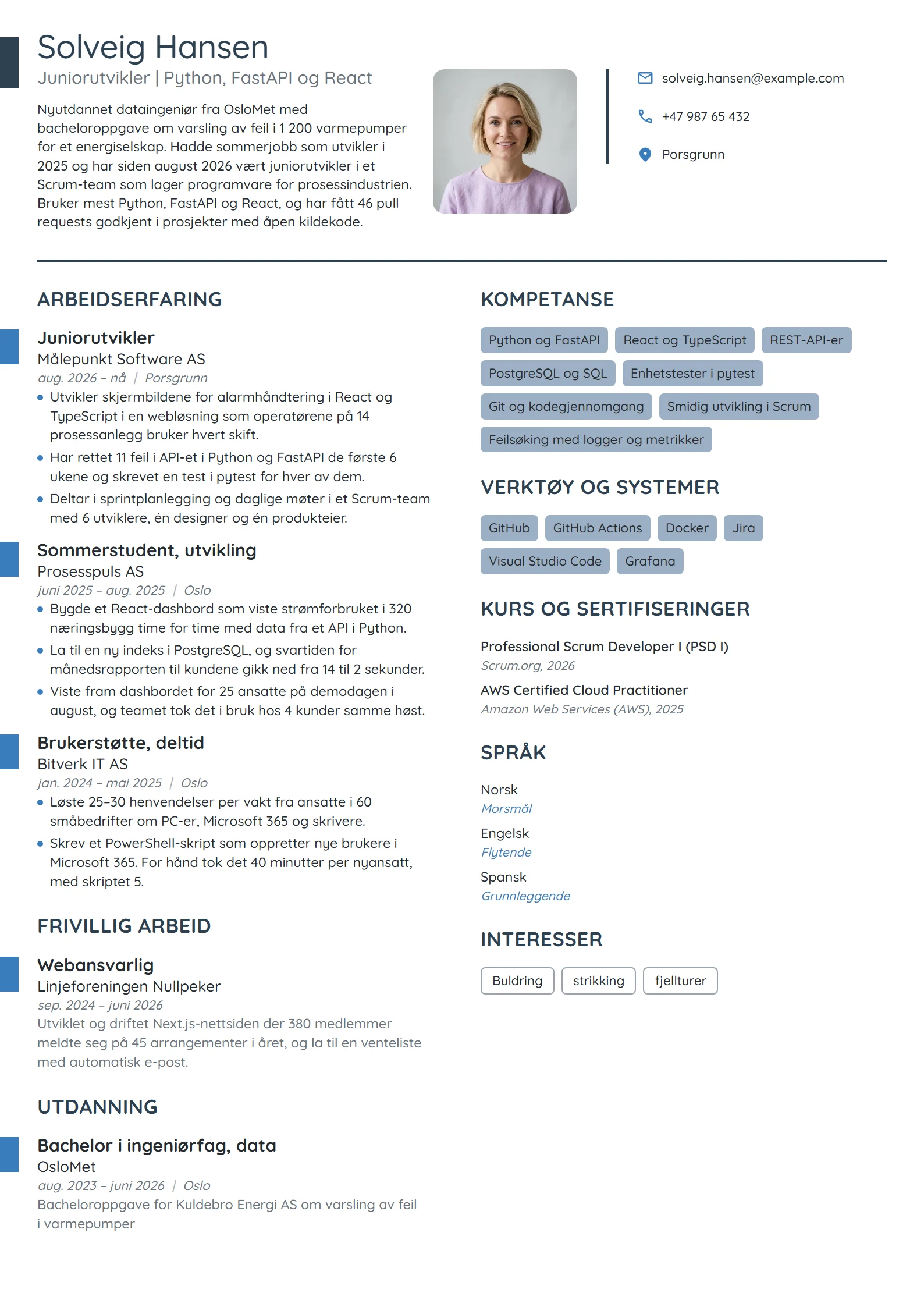 CV-eksempel for nyutdannet programvareutvikler
