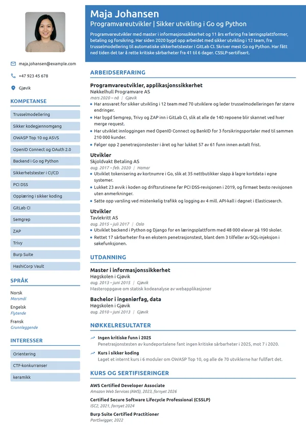CV-eksempel for programvareutvikler, applikasjonssikkerhet
