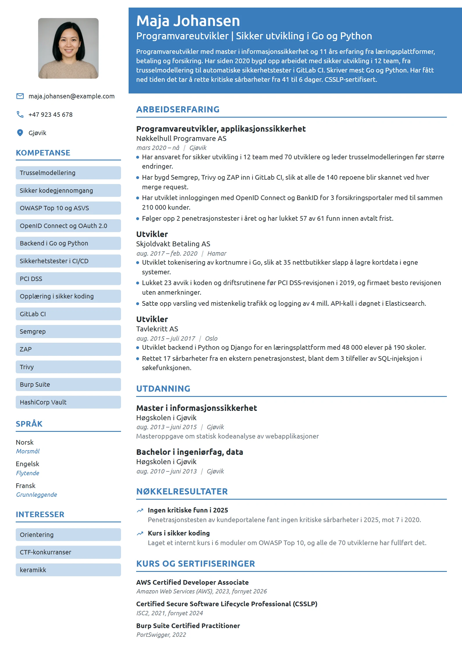 CV-eksempel for programvareutvikler, applikasjonssikkerhet