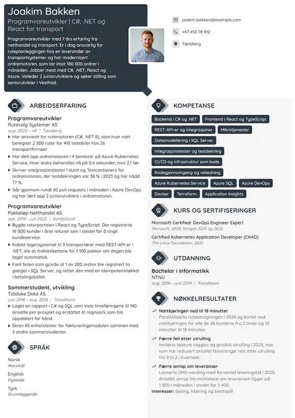 CV-eksempel for programvareutvikler i transport