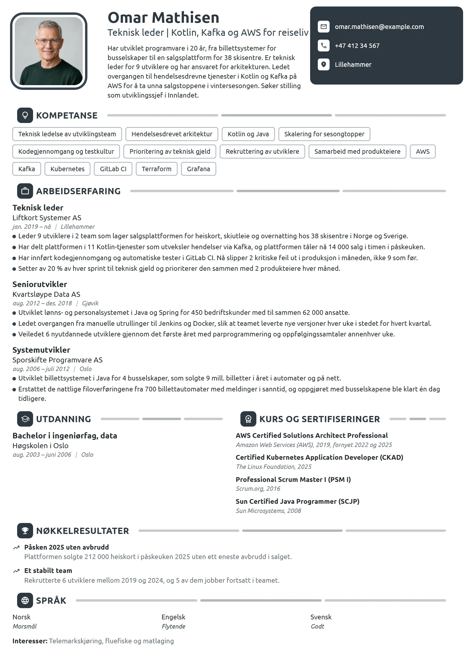 CV-eksempel for teknisk leder, bookingplattform