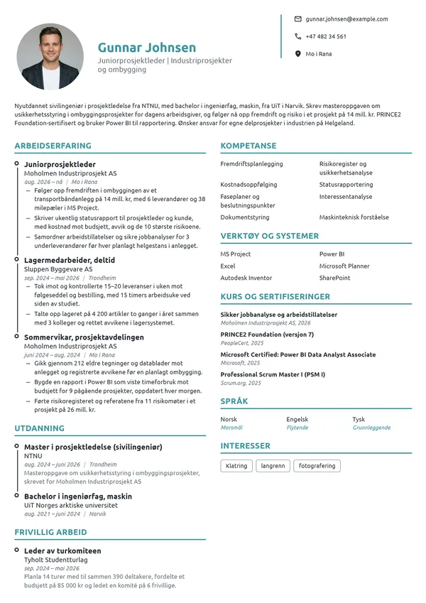 CV-eksempel for juniorprosjektleder