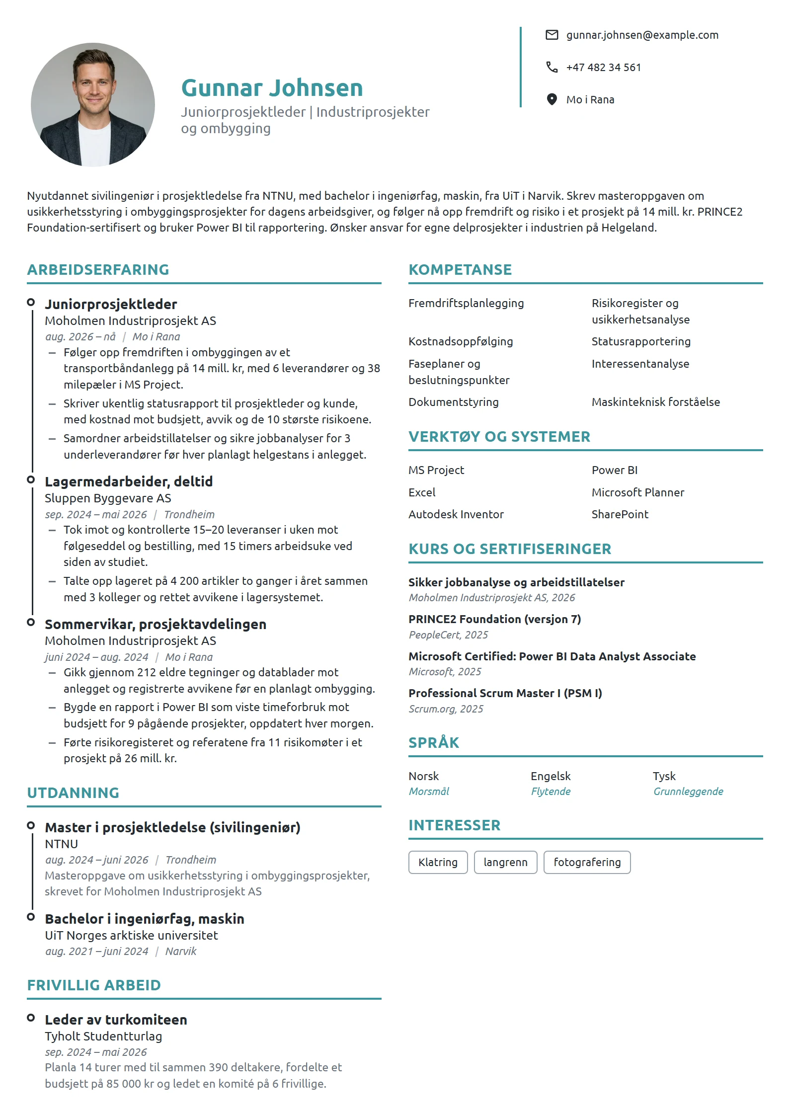 CV-eksempel for juniorprosjektleder