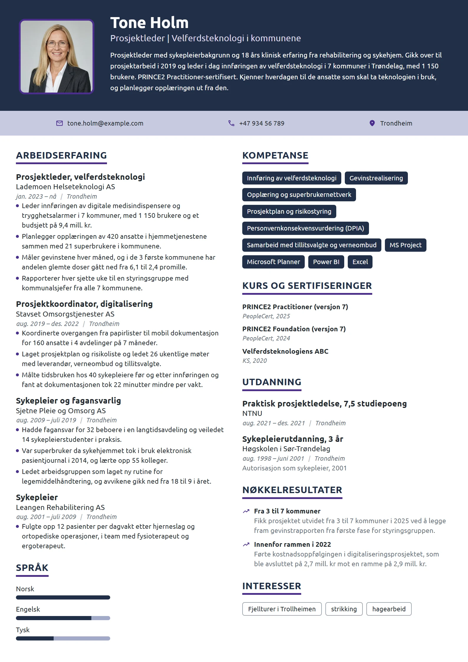 CV-eksempel for prosjektleder med sykepleierbakgrunn