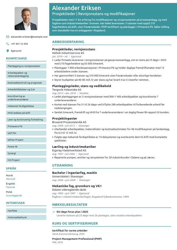 CV-eksempel for prosjektleder, revisjonsstans