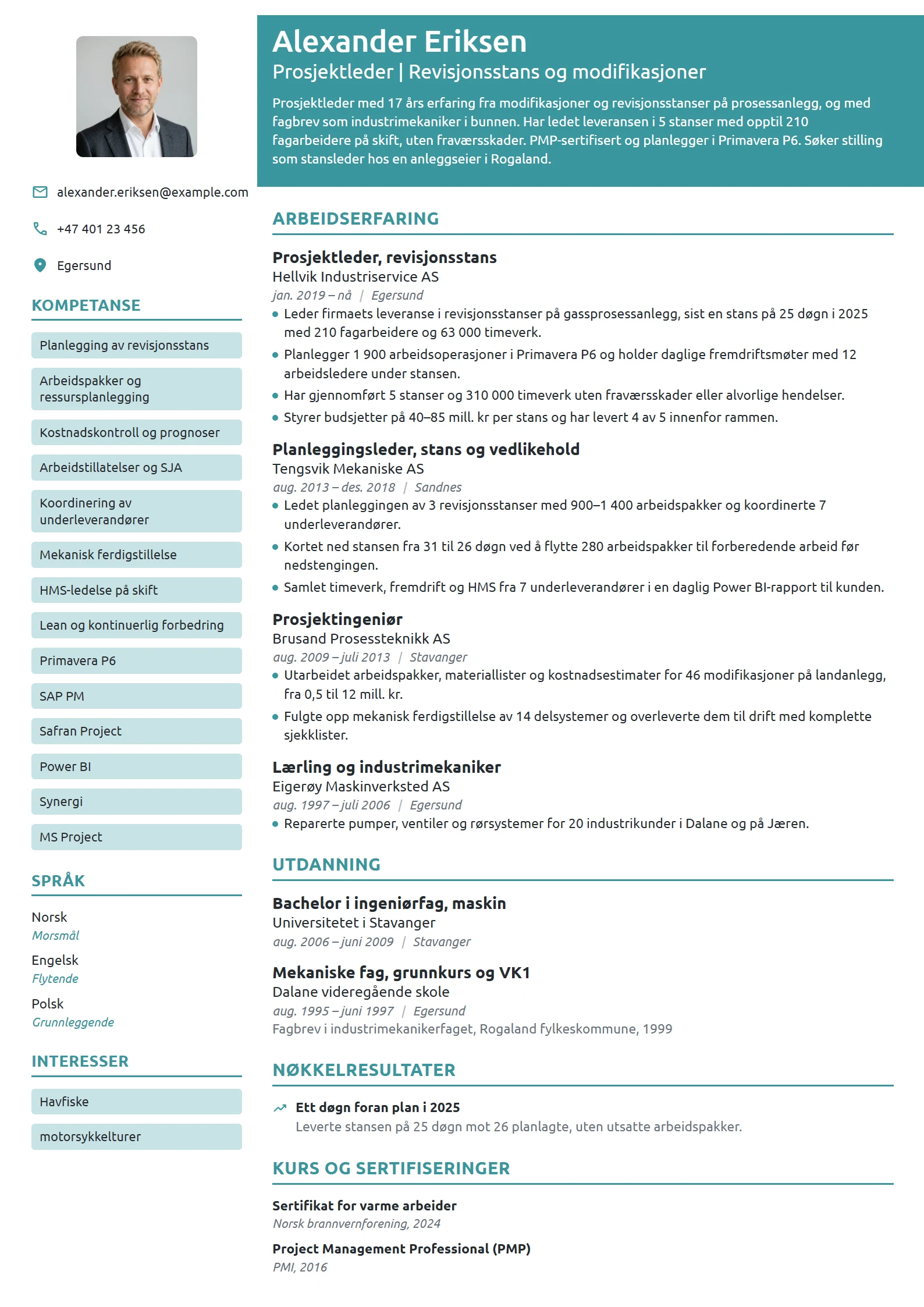 CV-eksempel for prosjektleder, revisjonsstans