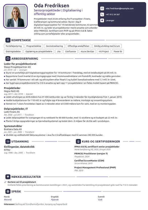 CV-eksempel for seniorprosjektleder, digitalisering
