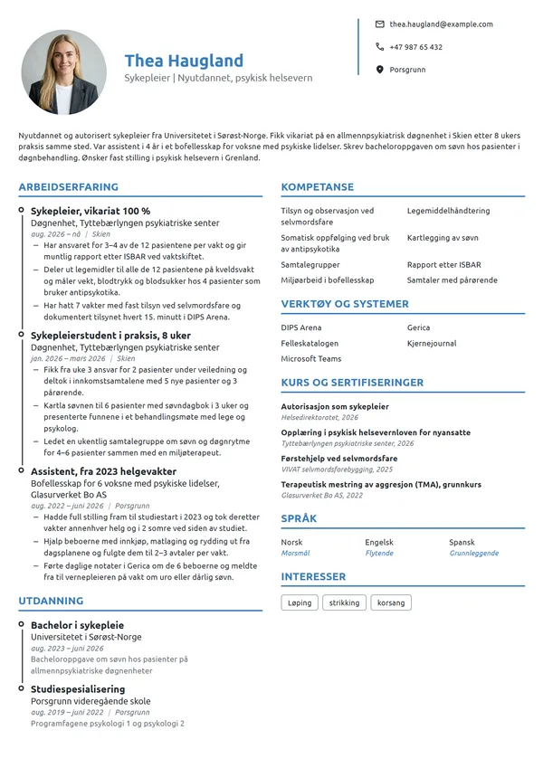 CV-eksempel for nyutdannet sykepleier i psykisk helsevern
