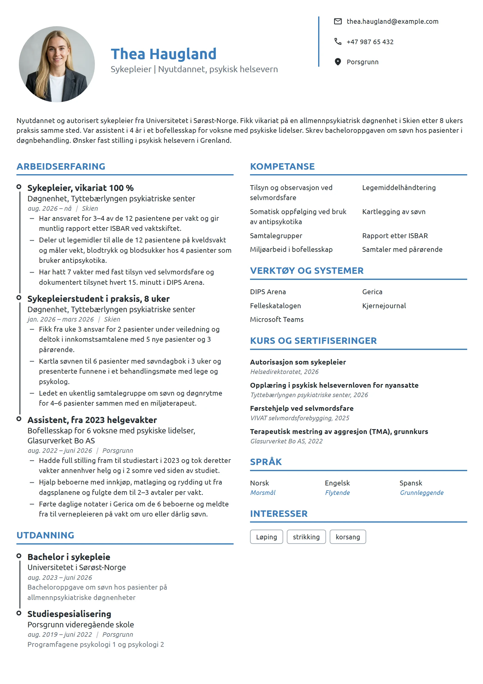 CV-eksempel for nyutdannet sykepleier i psykisk helsevern