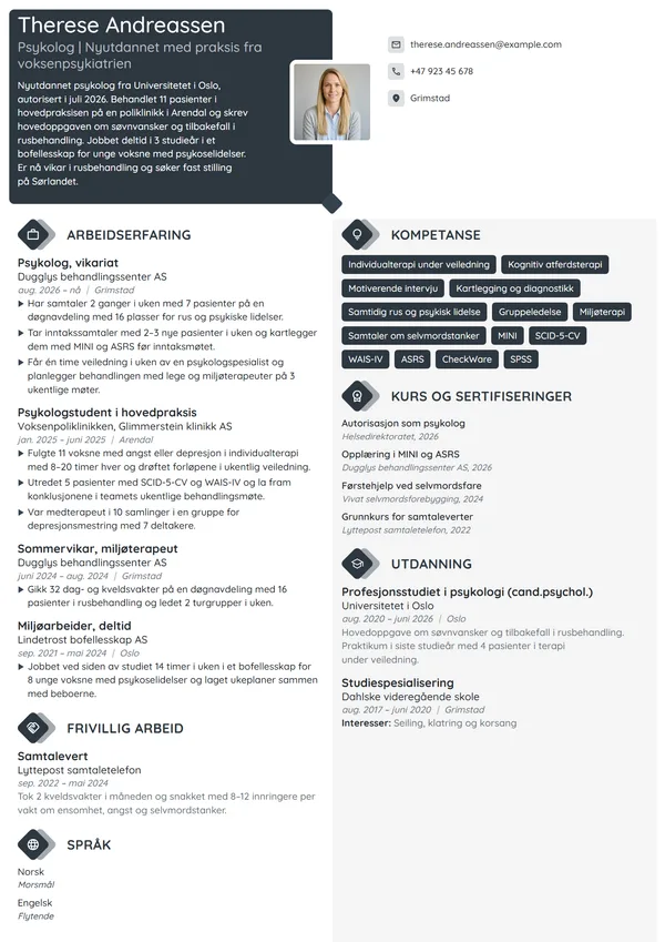 CV-eksempel for nyutdannet psykolog