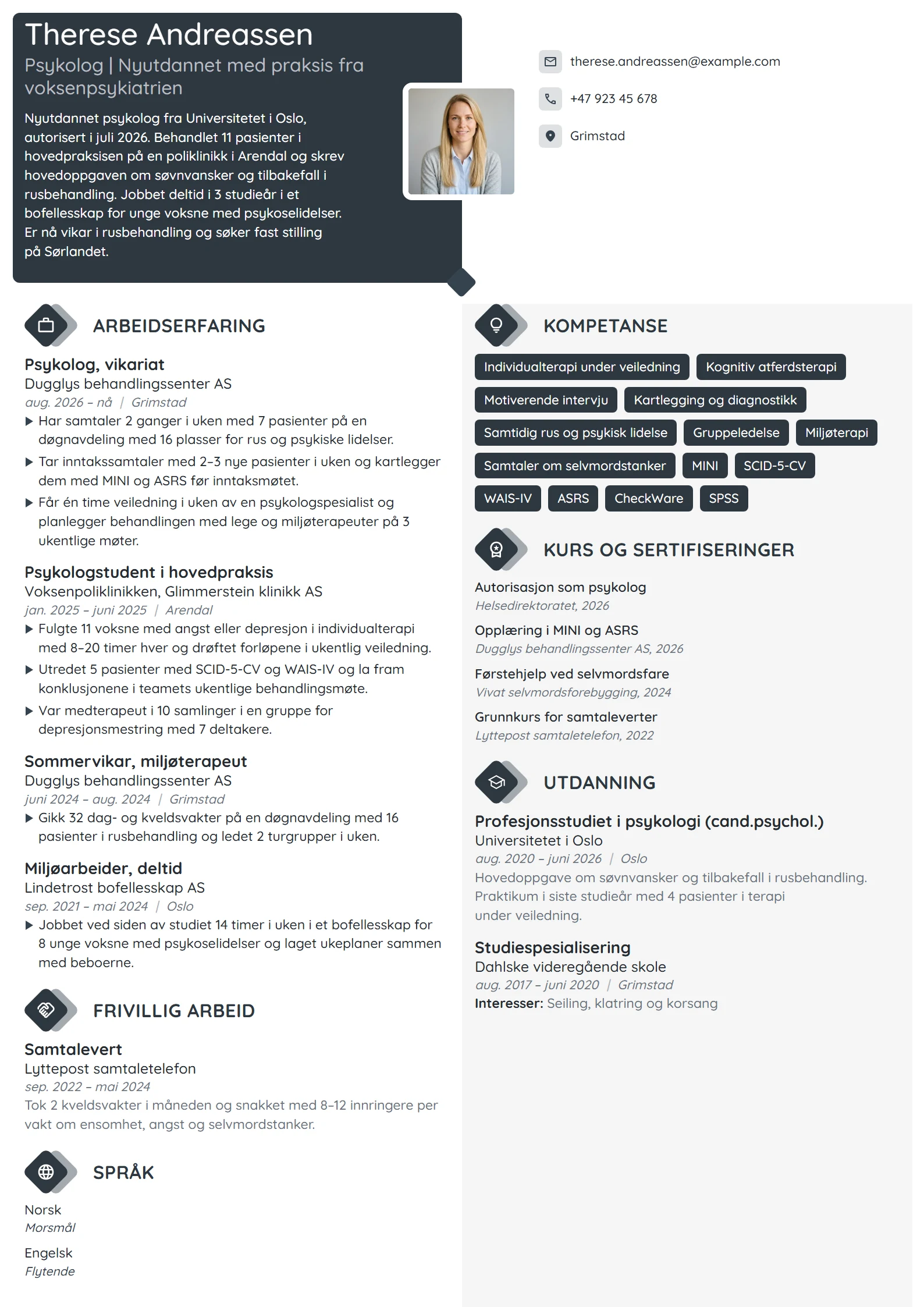 CV-eksempel for nyutdannet psykolog