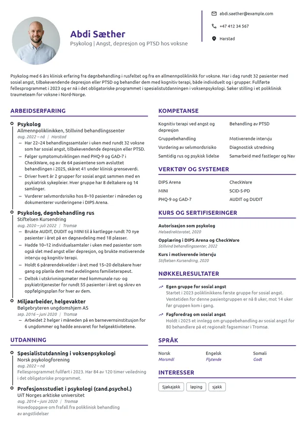 CV-eksempel for psykolog i psykisk helsevern for voksne