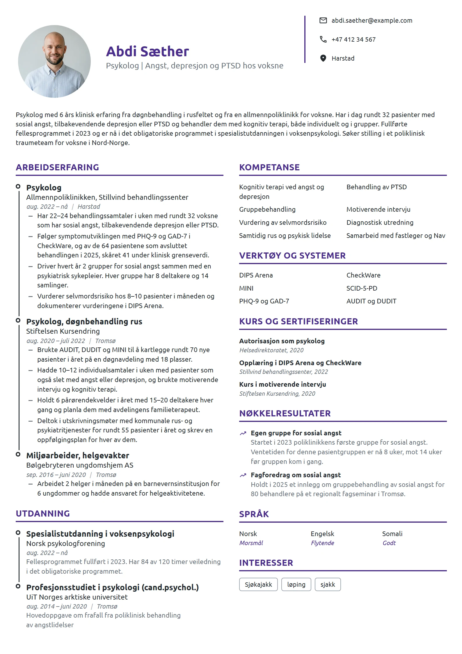CV-eksempel for psykolog i psykisk helsevern for voksne