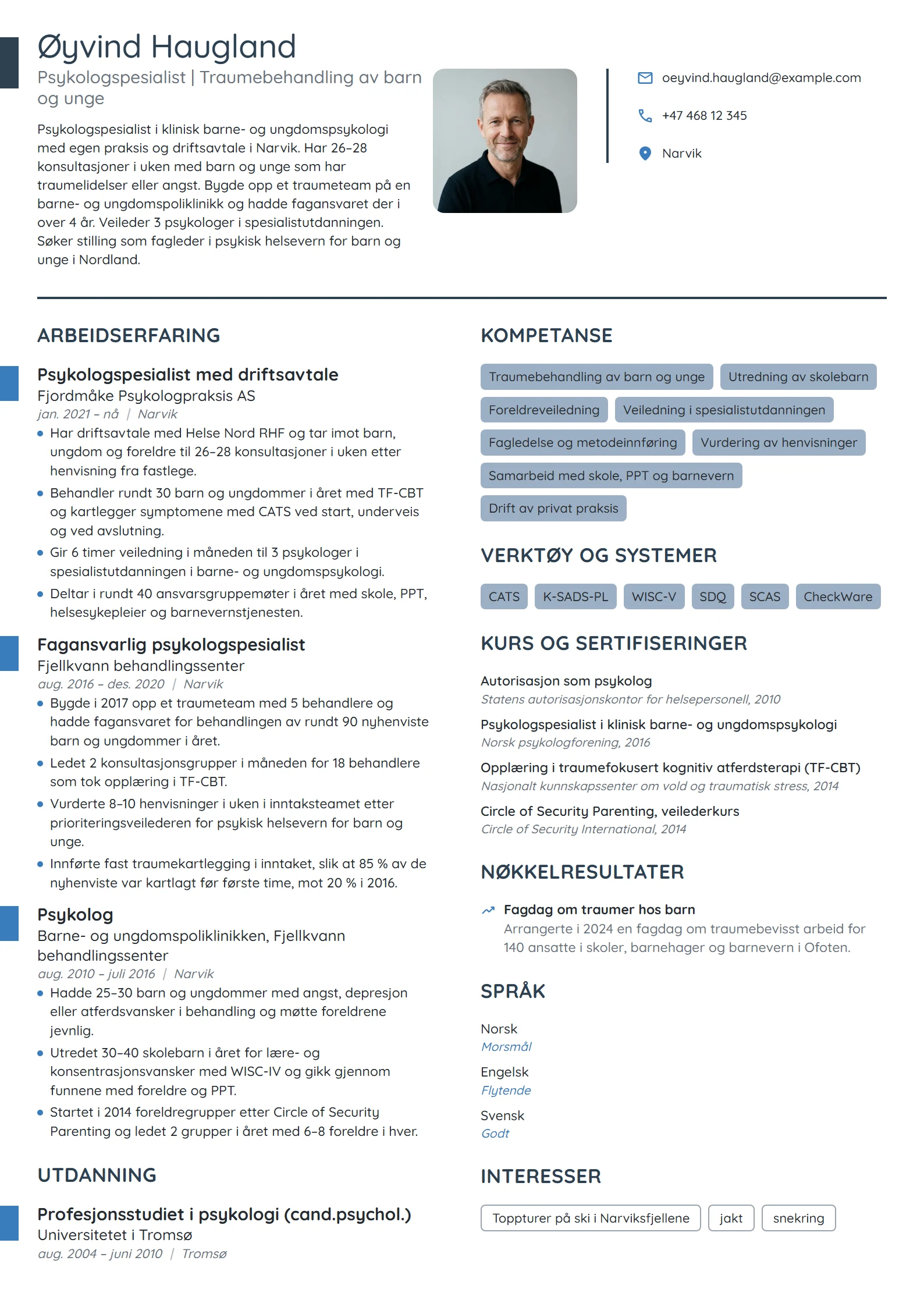 CV-eksempel for psykologspesialist, barn og unge