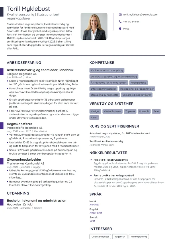 CV-eksempel for kvalitetsansvarlig regnskapsfører