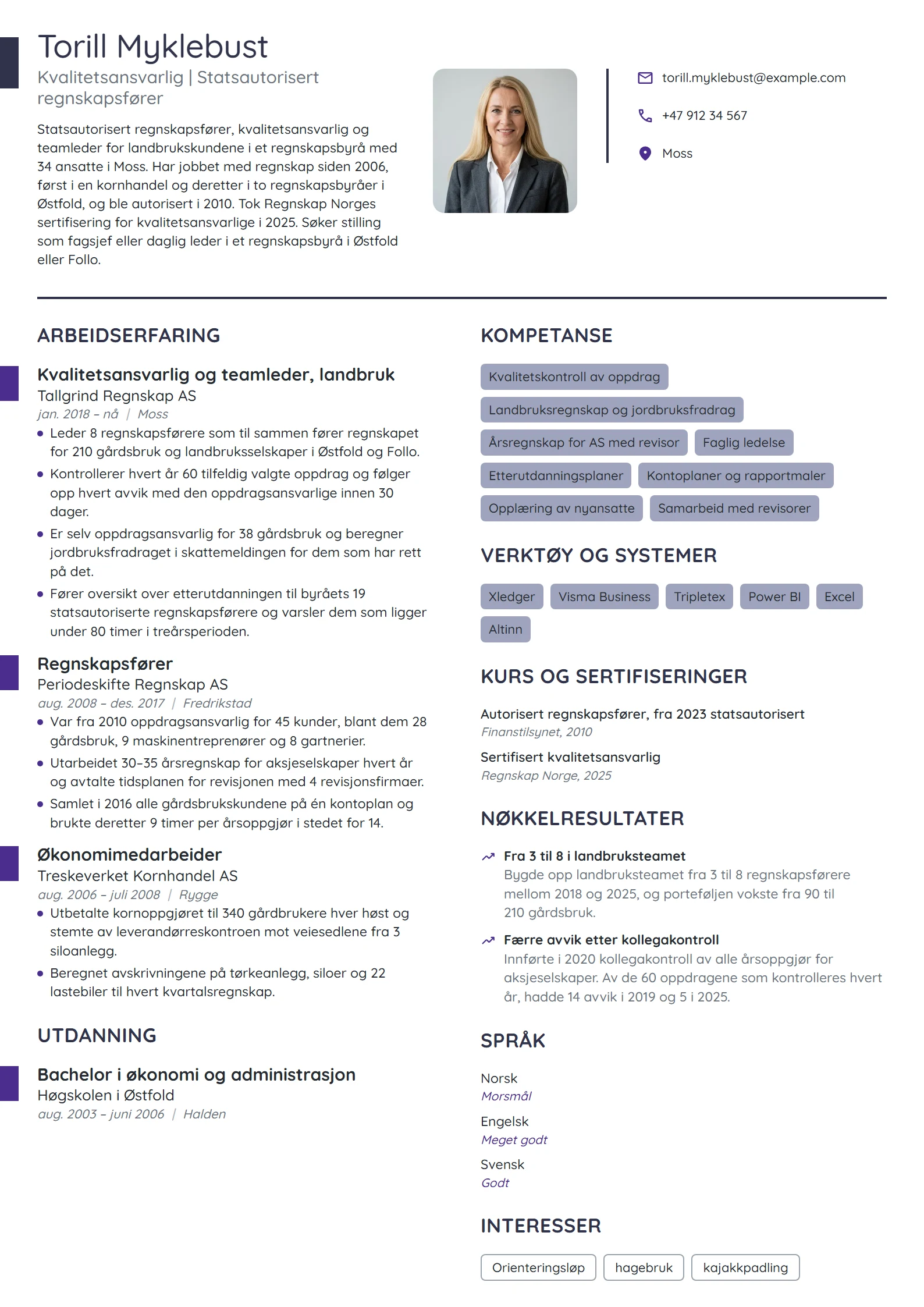 CV-eksempel for kvalitetsansvarlig regnskapsfører