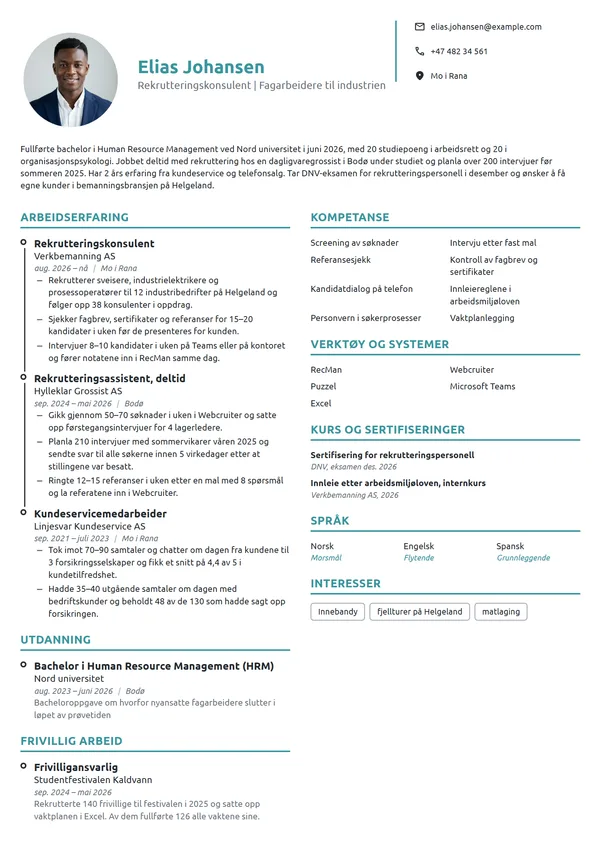 CV-eksempel for nyutdannet rekrutteringskonsulent