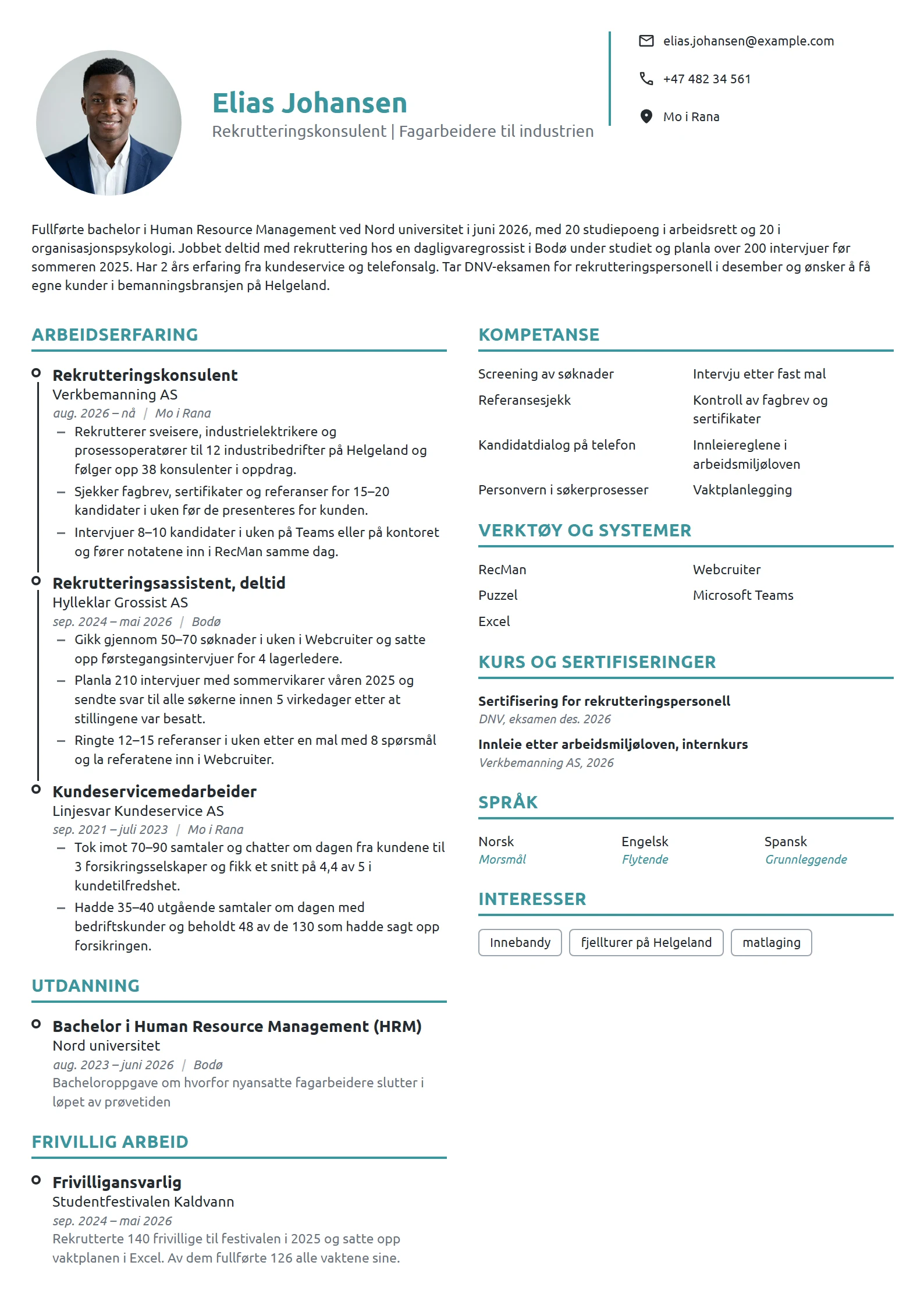 CV-eksempel for nyutdannet rekrutteringskonsulent