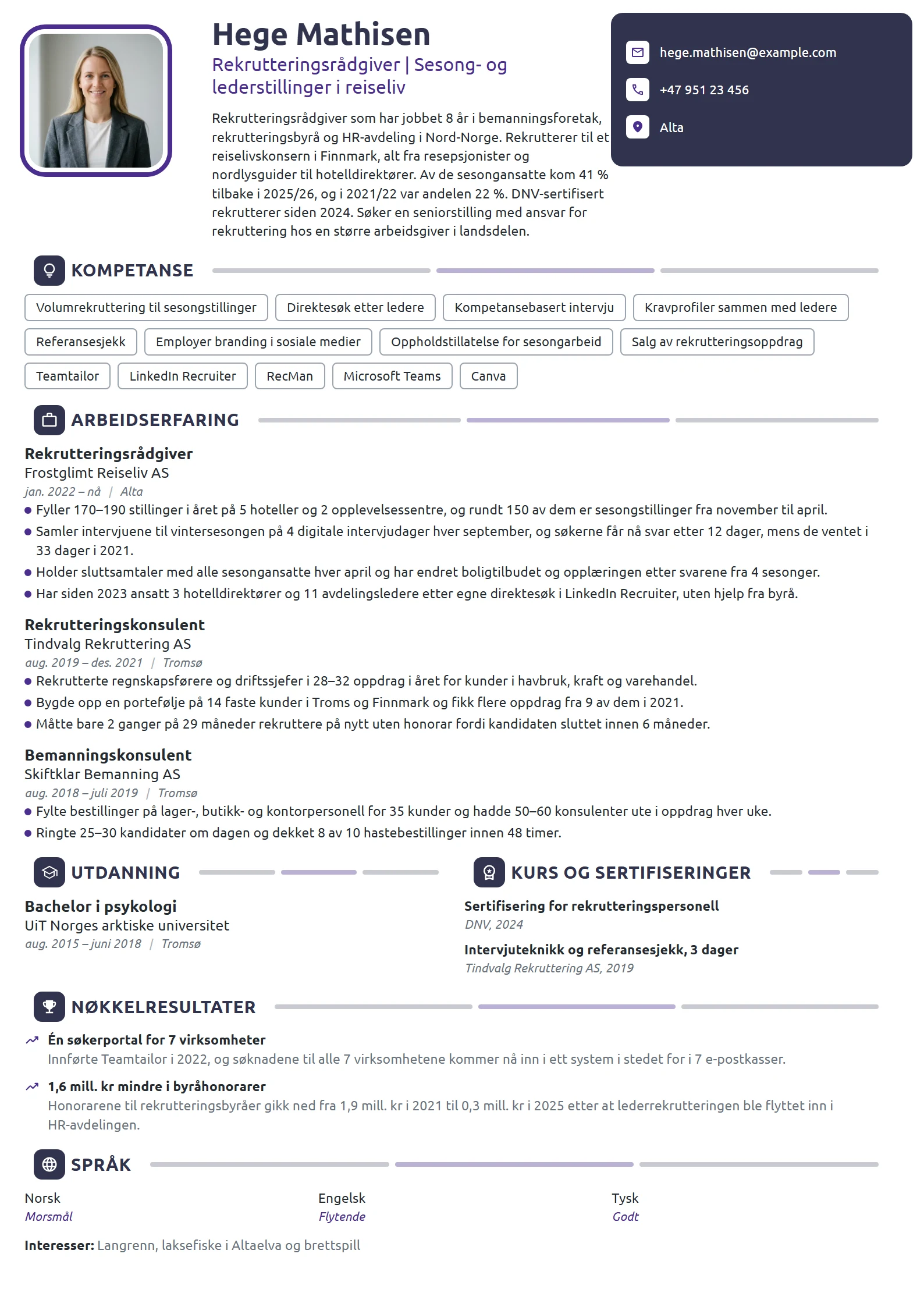 CV-eksempel for rekrutteringsrådgiver i reiseliv