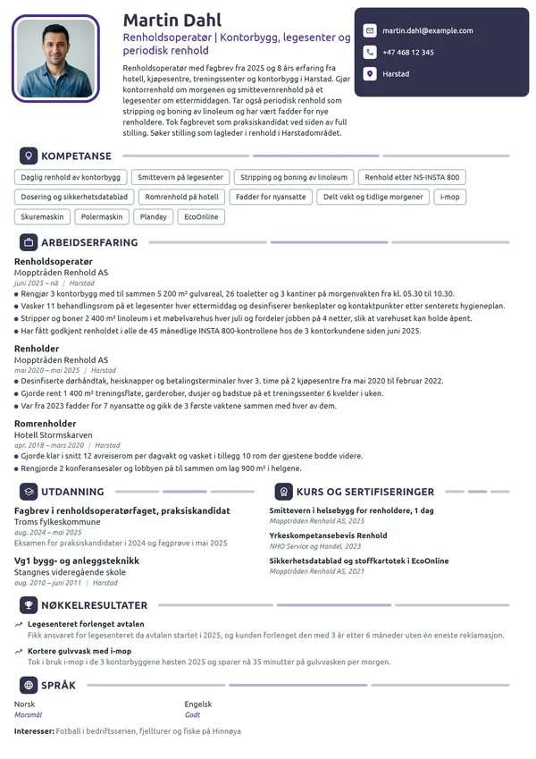 CV-eksempel for renholdsoperatør i kontor- og helsebygg
