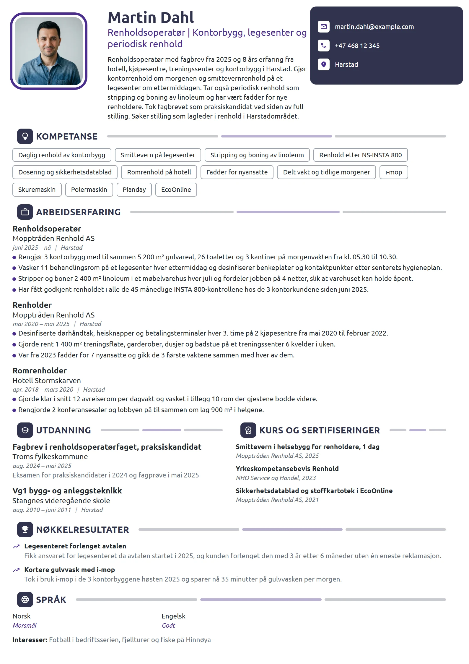 CV-eksempel for renholdsoperatør i kontor- og helsebygg