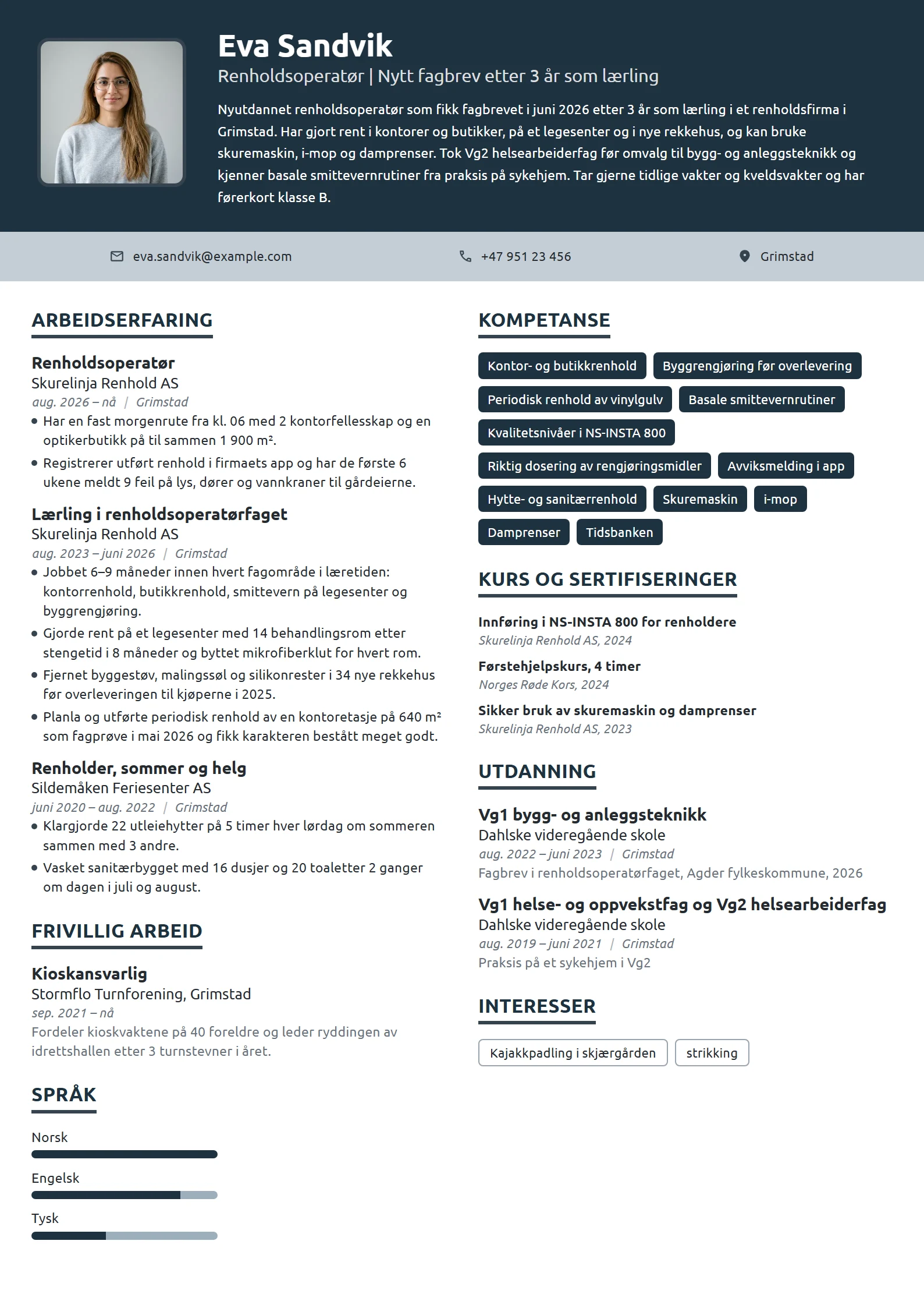 CV-eksempel for renholdsoperatør med nytt fagbrev