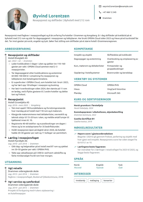 CV-eksempel for resepsjonist på hotell