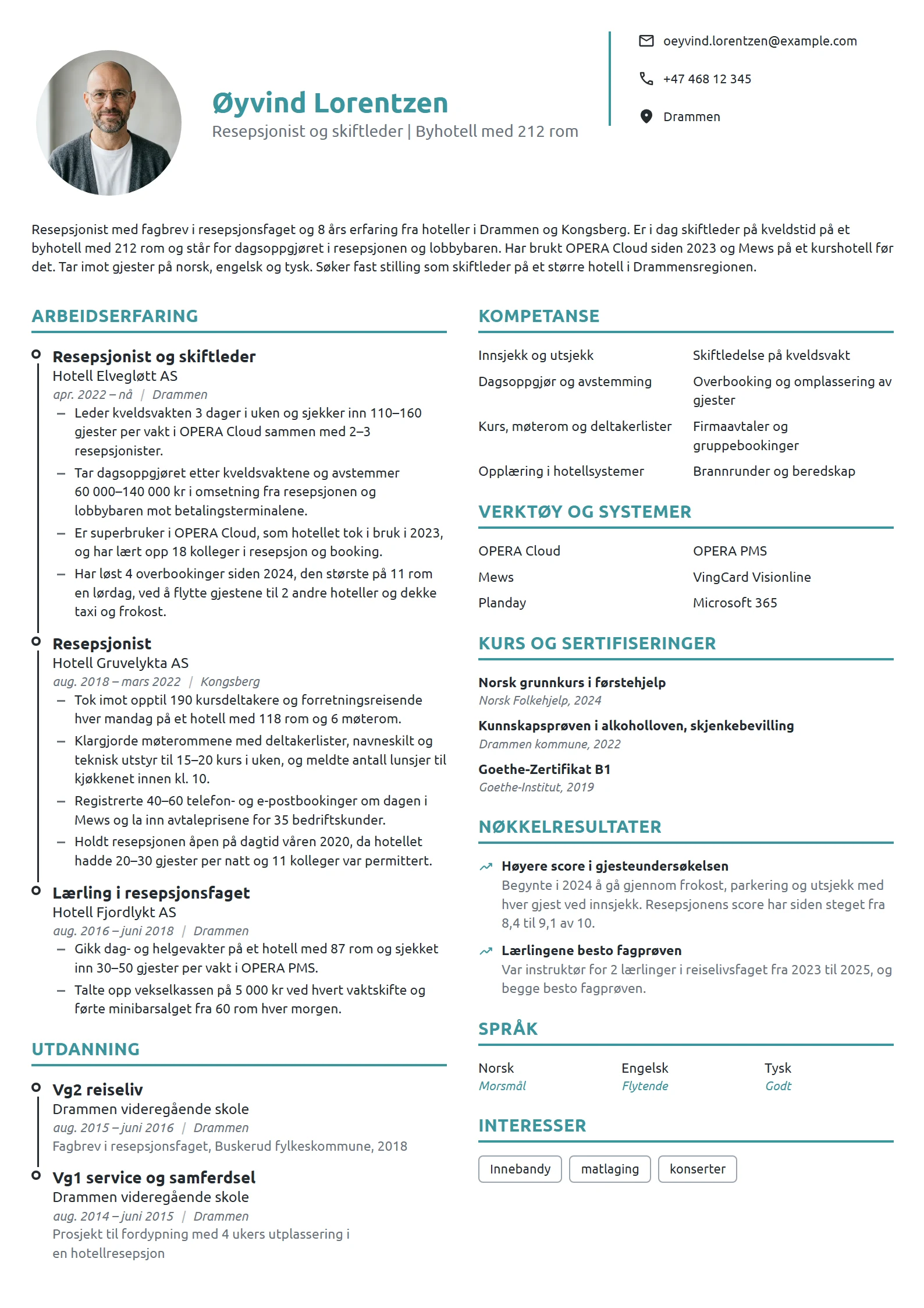 CV-eksempel for resepsjonist på hotell