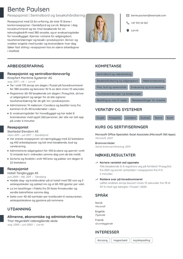 CV-eksempel for resepsjonist med sentralbordansvar