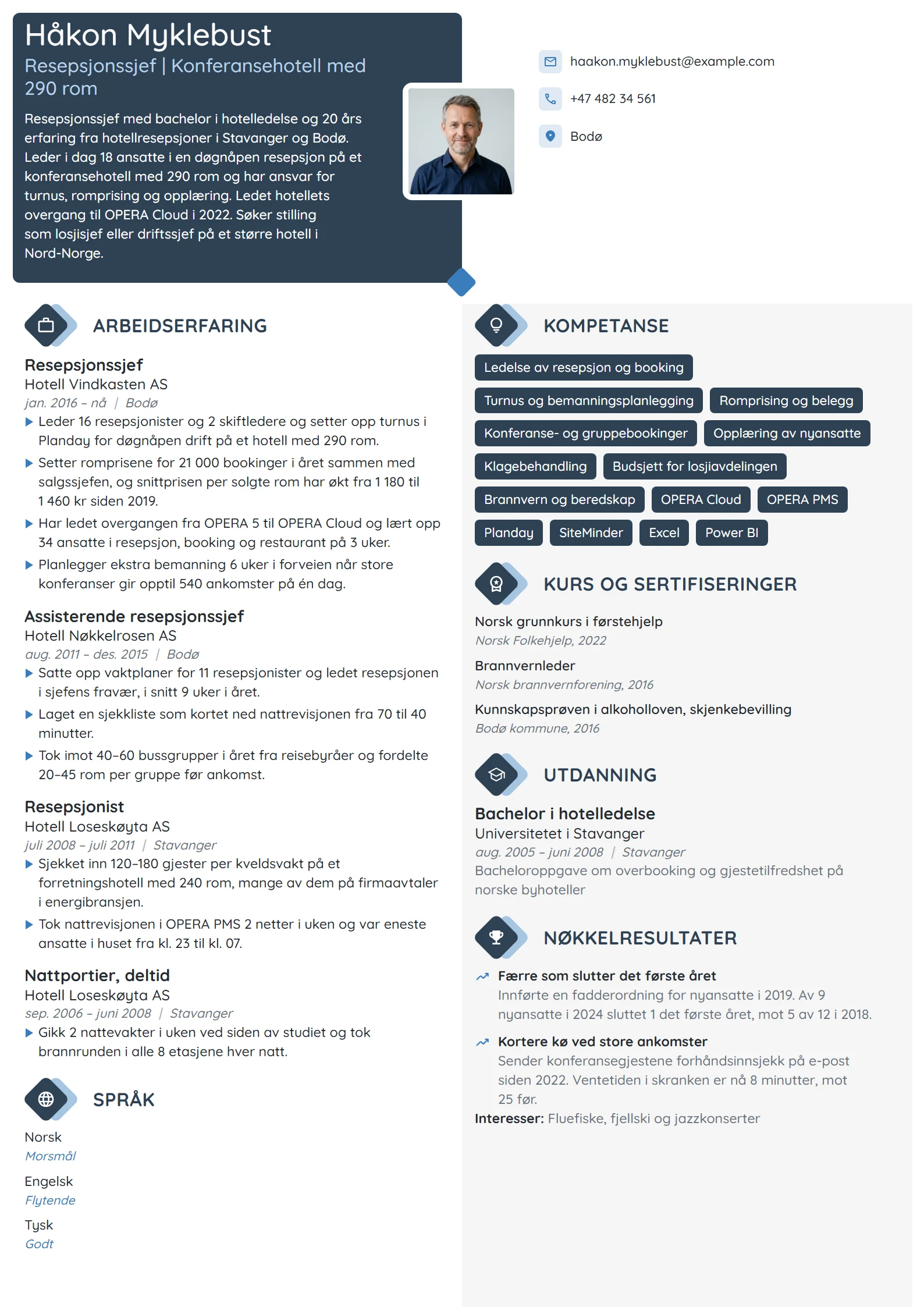 CV-eksempel for resepsjonssjef på hotell