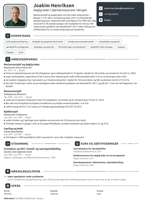 CV-eksempel for restaurantsjef og daglig leder